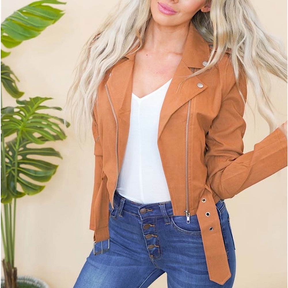 🍒BOGO50%🍒🆕🧡HYFVE: CAMEL Belted Zip Up Moto Jacket LARGE •SEE VIDEO•